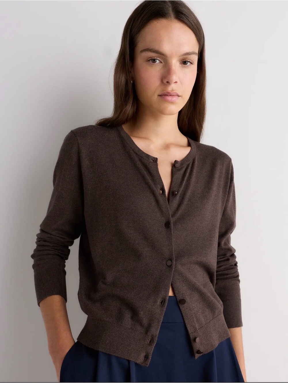 Quince Mocha Heather Light Weight Cotton Cashmere Cardigan